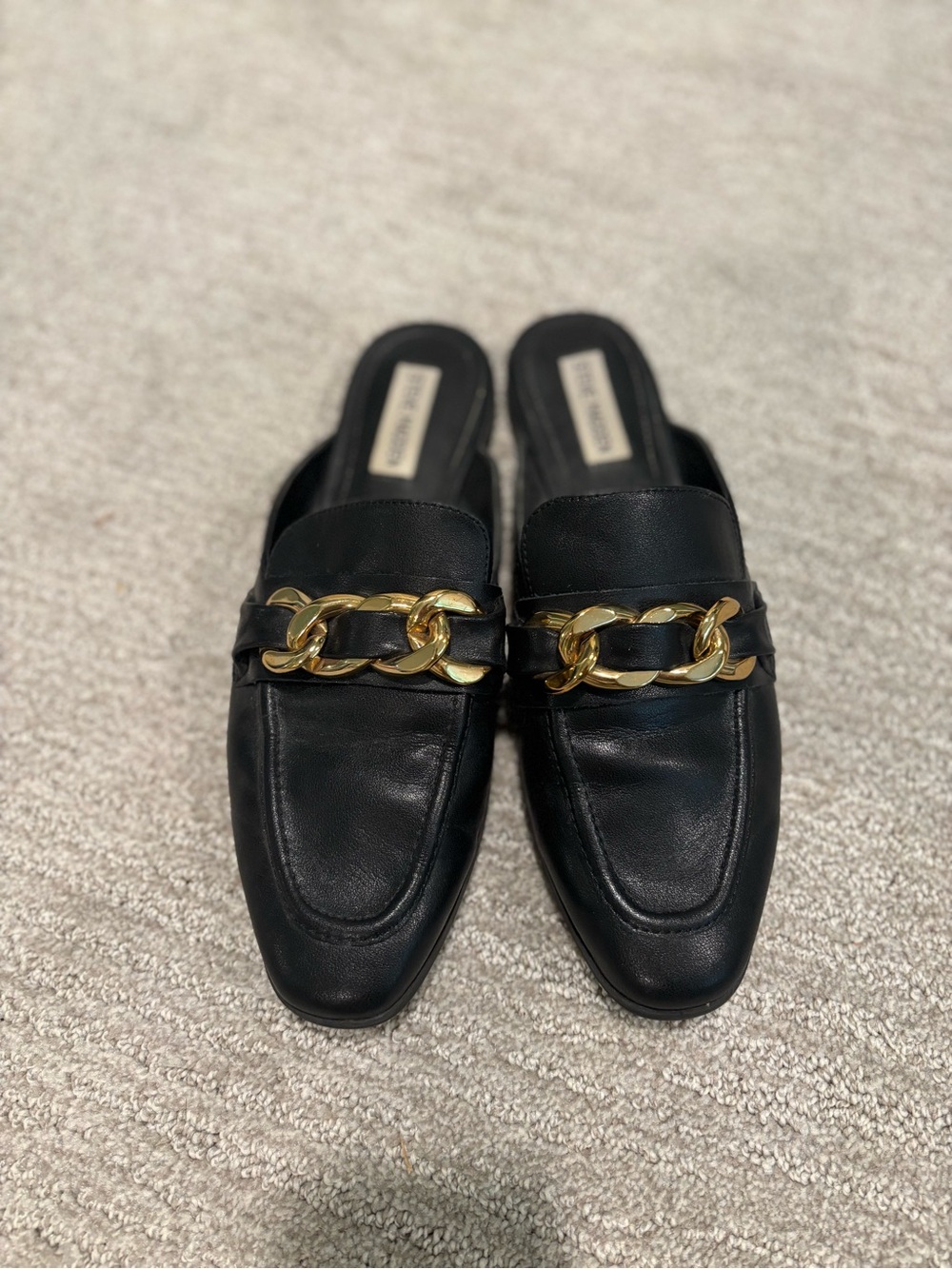 Steve Madden Black Leather Mule Slides with Gold Chain